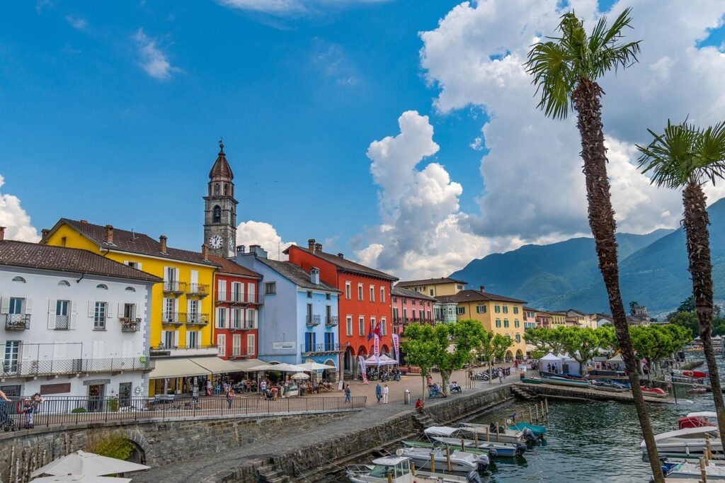 ascona, houses, switzerland, lake, lago maggiore, palm tree, nature, city; stree-free travel